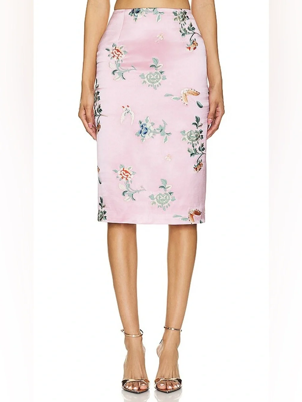 KIM SHUI 100% Silk Embroidered Floral Midi Skirt